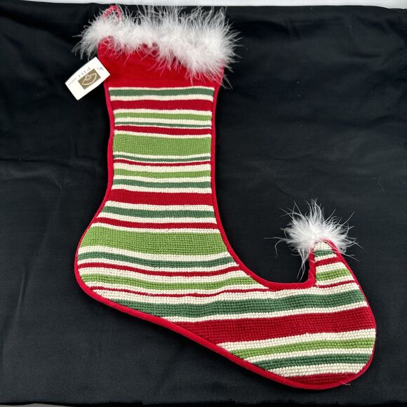 Peking Handicraft Embroidered Christmas Stocking Elf Shoe Red Green Stripes - Picture 1 of 11